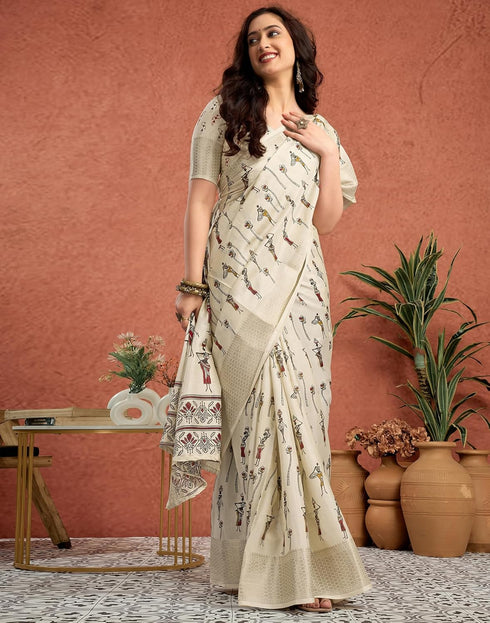 Vasthrlay Womens Printed Unstitched White Saree