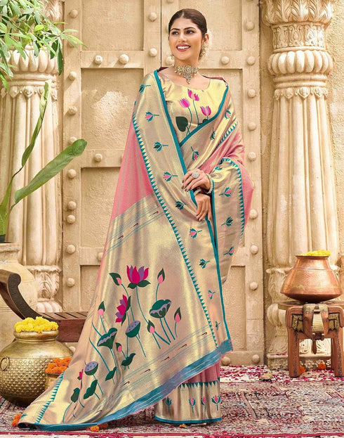 Vasthrlay Paithani Kanjivaram Unstitched Pink Saree