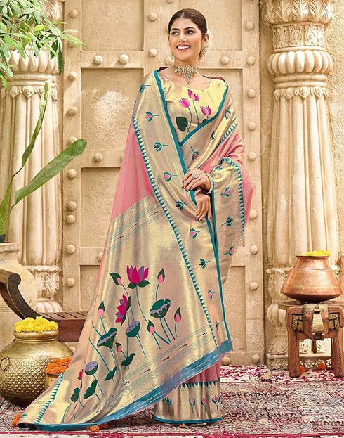 Vasthrlay Paithani Kanjivaram Unstitched Pink Saree