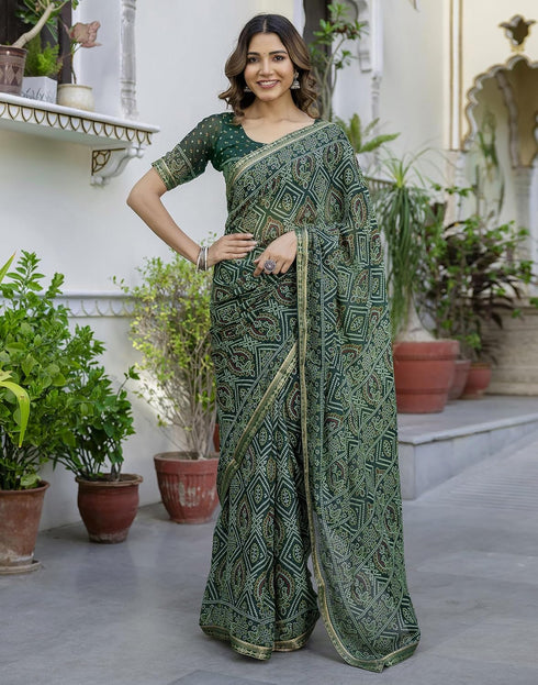 Vasthrlay Georgette Bandhani Dark Green Saree With Unstitched Blouse Piece