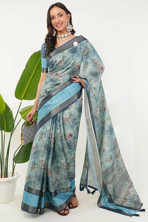 Vasthrlay Cerulean Blue Patchwork Print Polyester Saree With Zari Border And Unstitched Blouse Piece