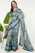 Vasthrlay Cerulean Blue Patchwork Print Polyester Saree With Zari Border And Unstitched Blouse Piece