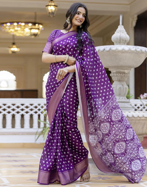 Vasthrlay Womens Striped Purple Saree With Unstitched Blouse Piece