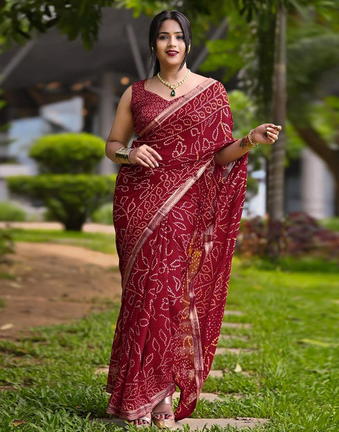 Vasthrlay Georgette Bandhani Unstitched Maroon Saree