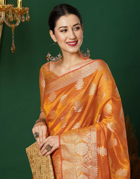 Vasthrlay Banarasi Kanjivaram Unstitched Orange Saree