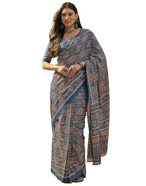 Vasthrlay Womens Printed Blue | Multi Saree With Unstitched Blouse Piece