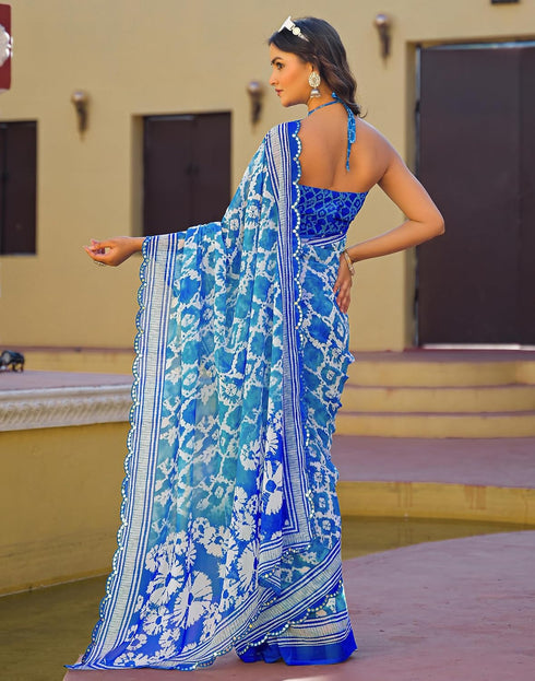 Vasthrlay Georgette Weaving Sky Blue | Dark Blue Saree With Unstitched Blouse Piece