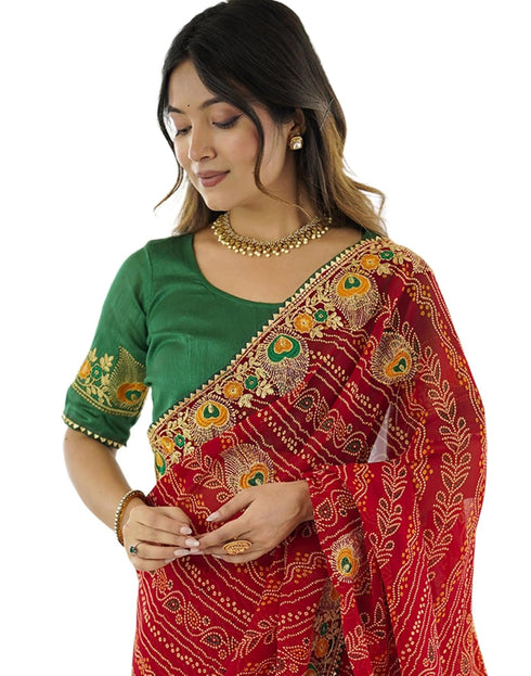 Vasthrlay Georgette Embroidery Red Saree With Unstitched Blouse Piece