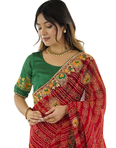 Vasthrlay Georgette Embroidery Unstitched Red Saree