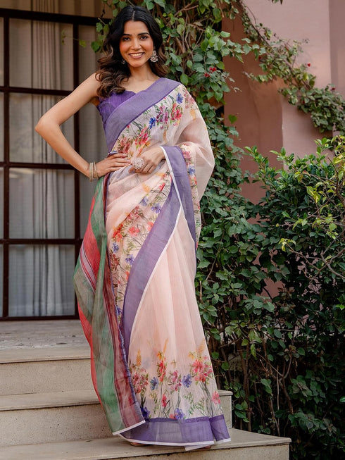 Vasthrlay Womens Printed Peach Saree With Unstitched Blouse Piece