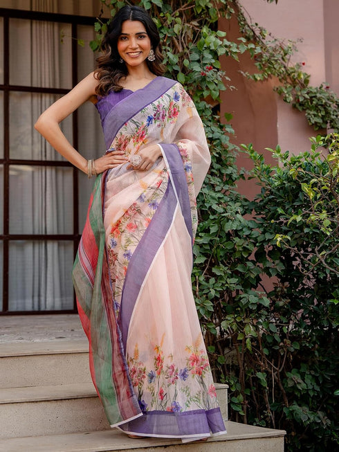 Vasthrlay Womens Printed Unstitched Multicolor Saree