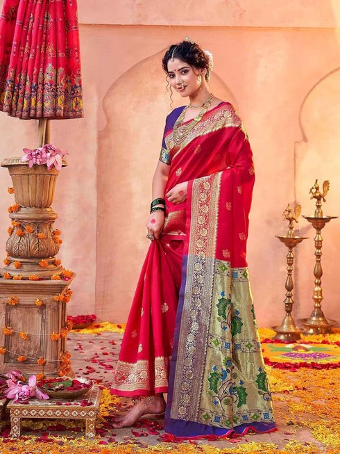Vasthrlay Weaving Paithani Unstitched Dark Green Saree