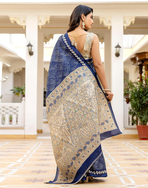Vasthrlay Bandhani Printed Dark Blue Saree With Unstitched Blouse Piece