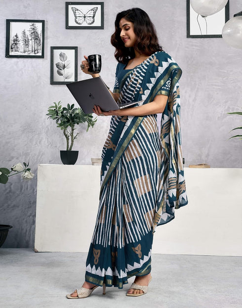 Vasthrlay Womens Printed Rama Blue Saree With Unstitched Blouse Piece