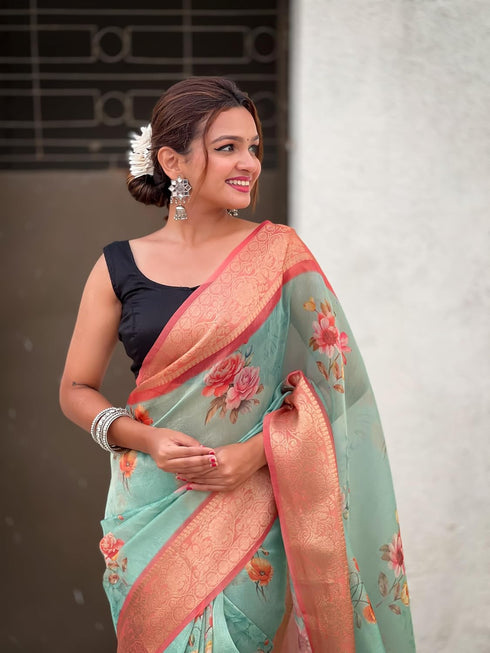 Vasthrlay Kanjivaram Organza Kalamkari Cream Purple Ethnic Wear