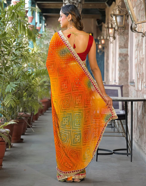 Vasthrlay Bandhani Embroidery Unstitched Yellow Saree