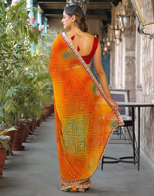 Vasthrlay Bandhani Embroidery Orange | Green Saree With Red Unstitched Blouse Piece