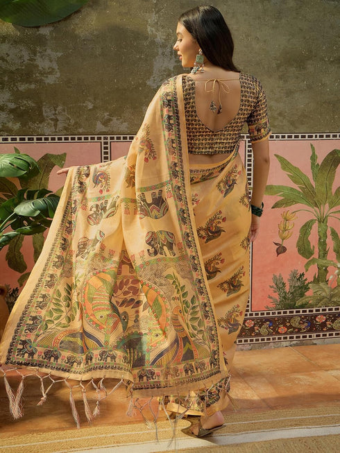 Vasthrlay Shimmer Printed Unstitched Beige Saree
