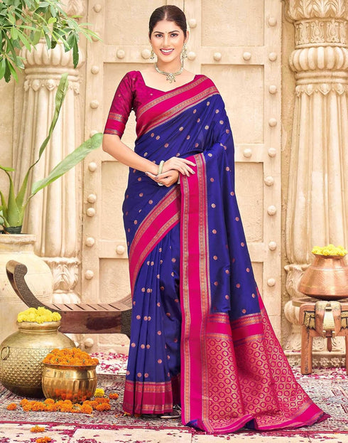 Vasthrlay Womens Paithani Unstitched Blue Saree