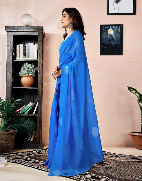 Vasthrlay Chanderi Printed Blue Saree With Unstitched Blouse Piece