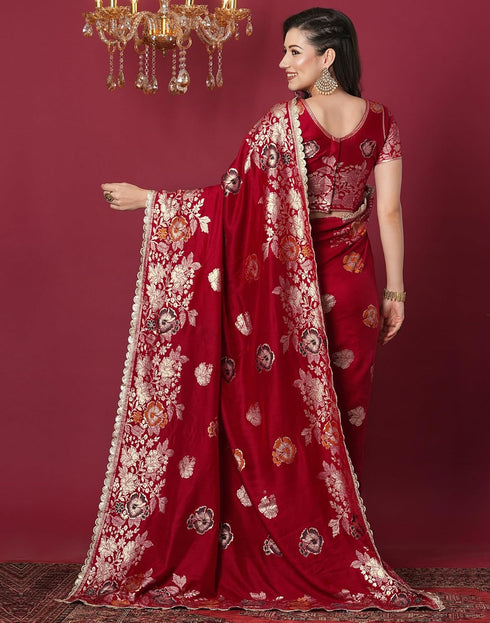 Vasthrlay Kanjivaram Banarasi Unstitched Red Saree