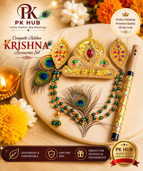 PK HUB Kid's Cotton Yellow Krishna Style Kurta Dhoti Dress Set with Bansuri, Mukut & Patka