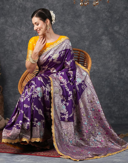 Vasthrlay Banarasi Jacquard Purple Saree With Yellow Unstitched Blouse Piece