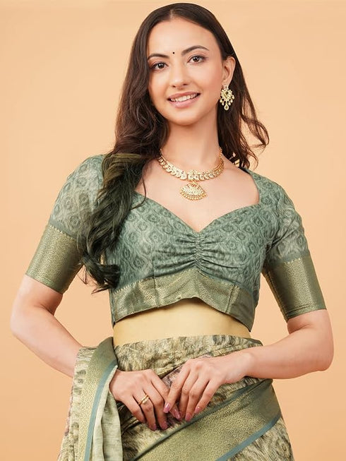 Vasthrlay Slate Grey Abstract Print Polyester Saree With Zari Border And Unstitched Blouse Piece
