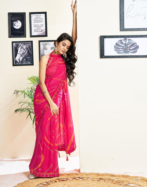 Vasthrlay Chiffon Tassels Unstitched Dark Green Saree