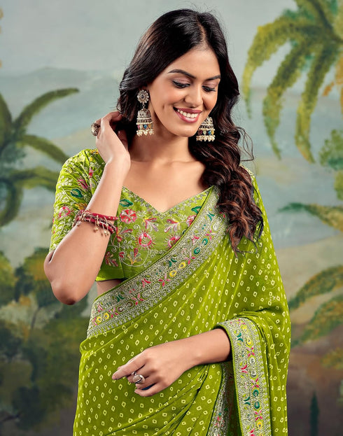 Vasthrlay Georgette Embroidery Green Saree With Multicolour Unstitched Blouse Piece
