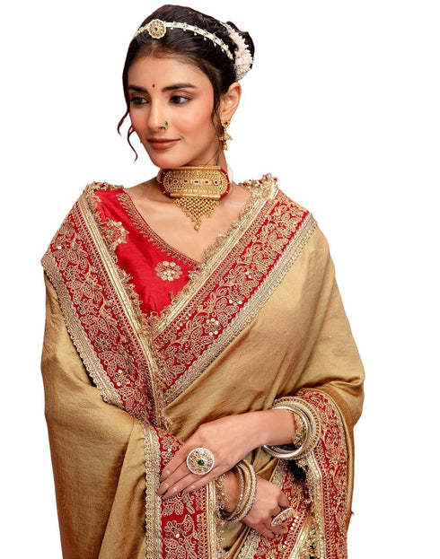 Vasthrlay Vichitra Embroidery Unstitched Red Saree