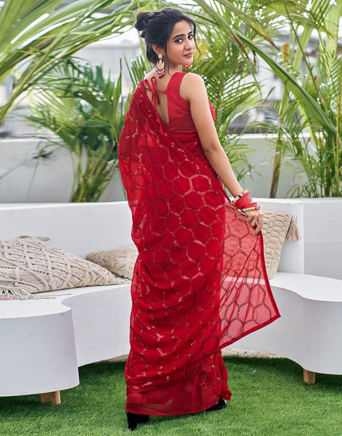 Vasthrlay Georgette Embroidery Unstitched Red Saree