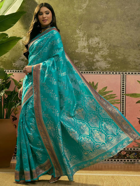 Vasthrlay Banarasi Weaving Unstitched Teal Saree