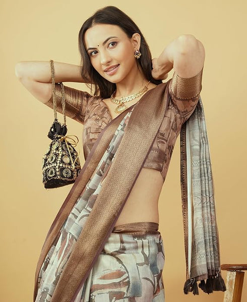 Vasthrlay Cream Brown Geometric Print Polyester Saree With Dull Gold Zari Border And Unstitched Blouse Piece