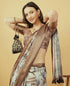 Vasthrlay Cream Brown Geometric Print Polyester Saree With Dull Gold Zari Border And Unstitched Blouse Piece