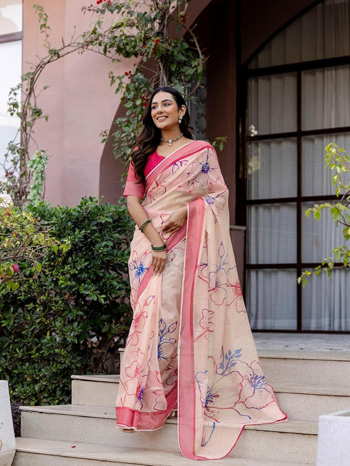Vasthrlay Womens Printed Unstitched Olive Green Saree