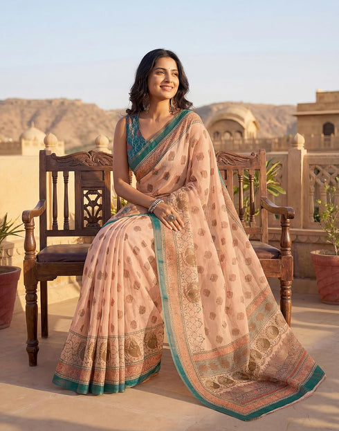 Vasthrlay Womens Printed Peach | Teal Blue | Multi Saree With Unstitched Blouse Piece