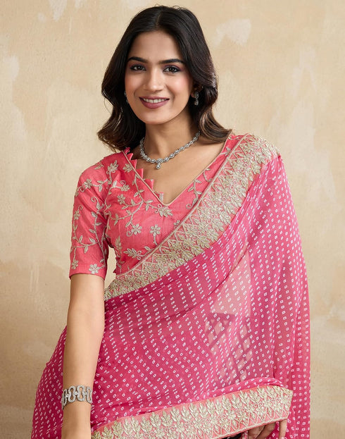 Vasthrlay Georgette Bandhani Dark Cream Saree With Maroon Unstitched Blouse Piece