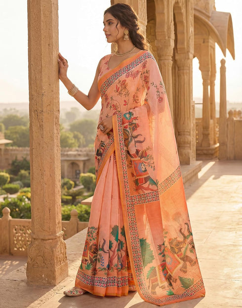 Vasthrlay Womens Printed Unstitched Peach Saree