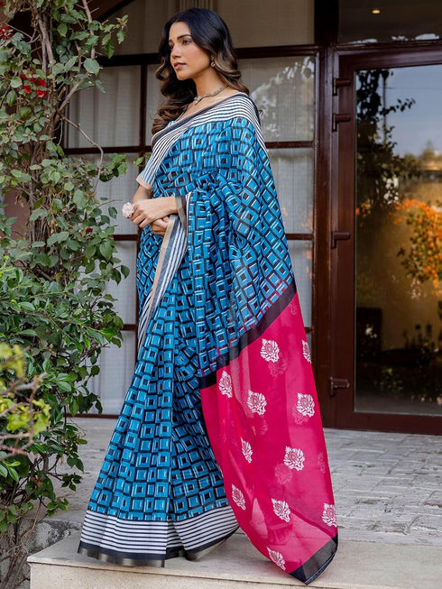 Vasthrlay Womens Printed Unstitched Multicolor Saree