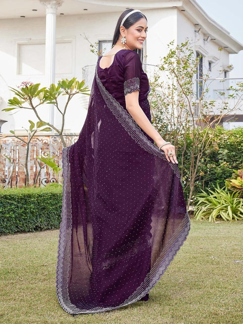 Vasthrlay Womens Scalloped Unstitched Wine Saree