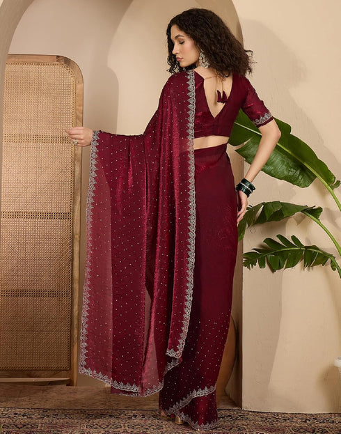 Vasthrlay Womens Scalloped Unstitched Maroon Saree
