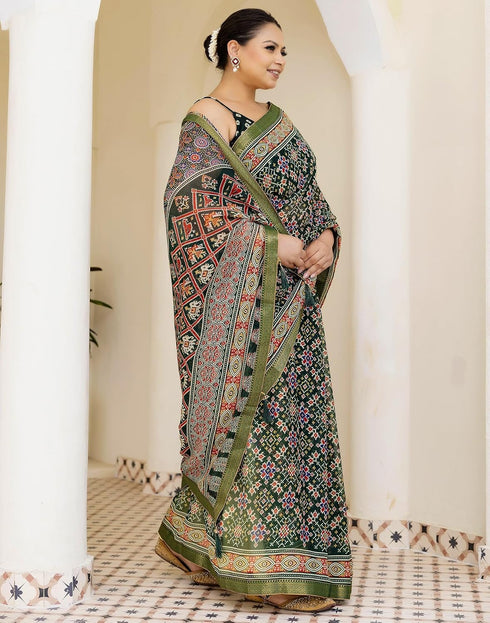Vasthrlay Georgette Bandhani Olive Saree With Black Unstitched Blouse Piece