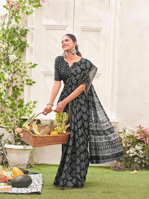 Vasthrlay Womens Printed Black Saree With Unstitched Blouse Piece
