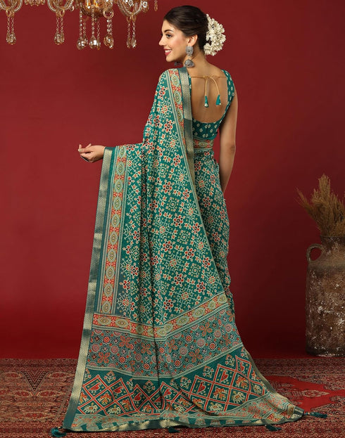 Vasthrlay Georgette Bandhani Unstitched Dark Green Saree