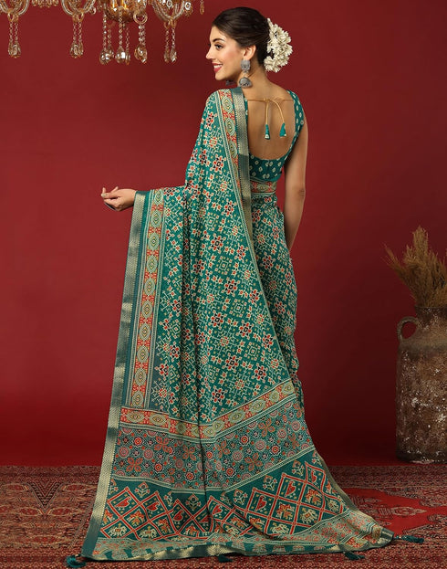 Vasthrlay Georgette Bandhani Teal Green Saree With Unstitched Blouse Piece