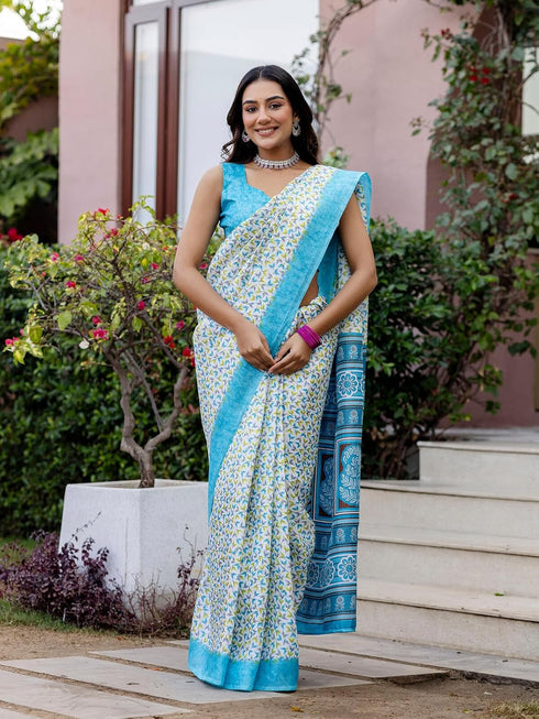 Vasthrlay Womens Printed Unstitched White Saree