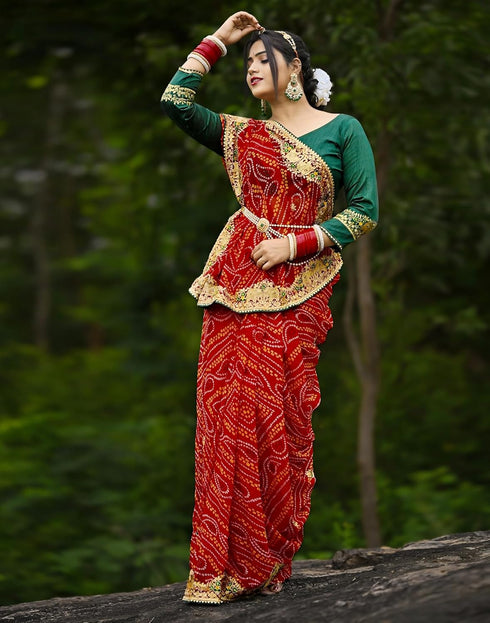 Vasthrlay Georgette Printed Unstitched Red Saree