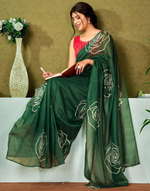 Vasthrlay Chanderi Printed Green Saree With Orange Unstitched Blouse Piece