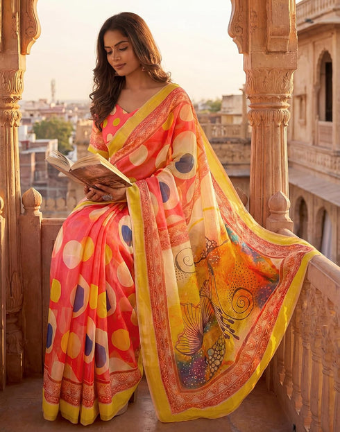 Vasthrlay Womens Printed Unstitched Peach Saree